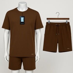 785 Brown Striped Knitted T-shirt and Shorts Set